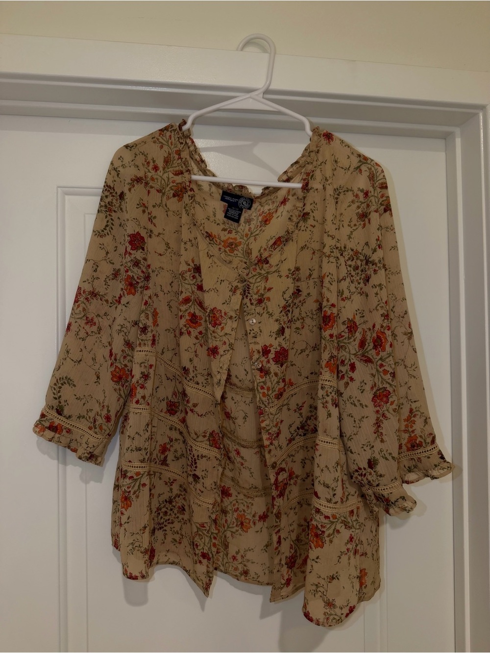 Studio West Tan Floral Ruffle V-Neck Peasant Blouse